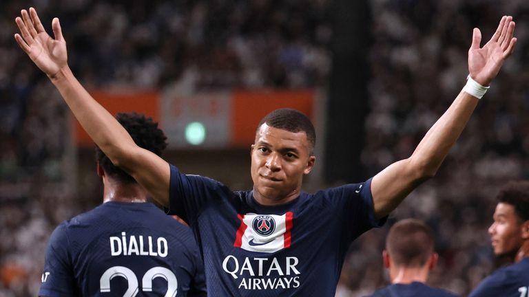 Paris Saint-Germain&#39;s Kylian Mbappe celebrates after scoring team&#39;s second goal a ball during the first half of the Club Friendly match against Urawa Red Diamonds at Saitama Stadium in Saitama Prefecture on July 23, 2022. Paris Saint-Germain beat Urawa Red Diamonds 2-0. ( The Yomiuri Shimbun via AP Images )