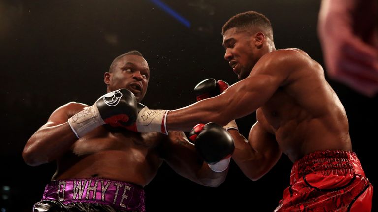 Anthony Joshua and Dillian Whyte during the Vacant British and Commonwealth heavyweight title bout at the O2 Arena, London.