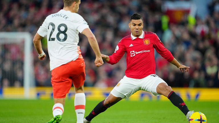 Casemiro is challenged by West Ham&#39;s Tomas Soucek