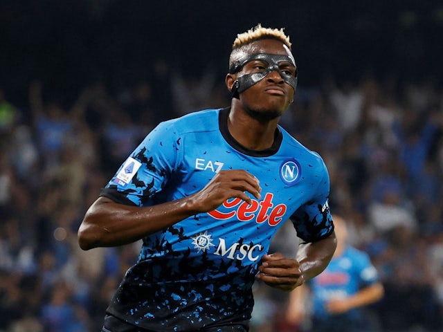 Napoli's Victor Osimhen celebrates scoring their third goal on October 16, 2022