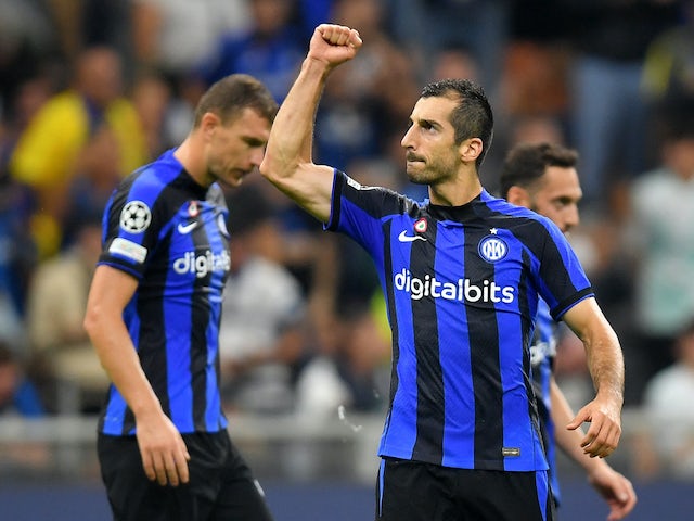 Inter Milan's Henrikh Mkhitaryan celebrates scoring against Viktoria Plzen on October 26, 2022