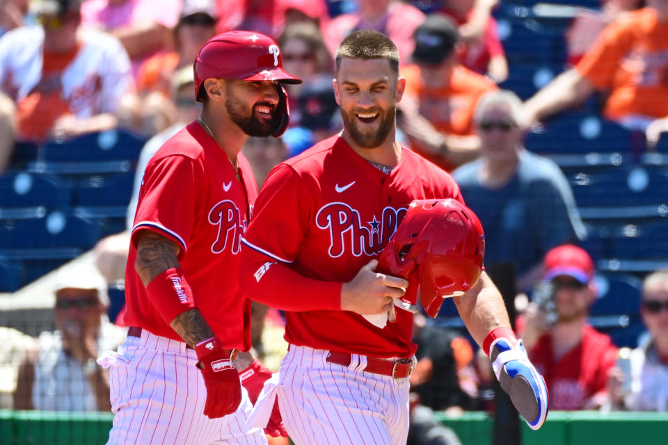 Nick Castellanos, Bryce Harper and the Philadelphia Phillies are running it back — and happy about it — in 2024. (Julio Aguilar/Getty Images)