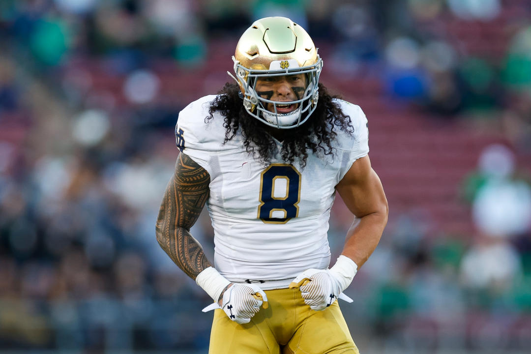 STANFORD, CALIFORNIA - NOVEMBER 25: Marist Liufau #8 of the Notre Dame Fighting Irish reacts in the first quarter during a game against the Stanford Cardinal at Stanford Stadium on November 25, 2023 in Stanford, California. (Photo by Brandon Sloter/Image Of Sport/Getty Images)