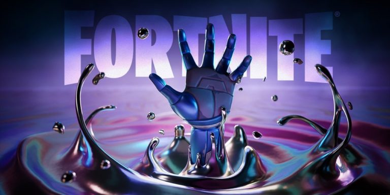A promotional image from Fortnite Chapter 3 Season 4, Paradise showing a hand reaching out of Chrome metallic liquid
