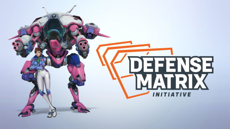 D.Va stands next to the Defense Matrix logo.