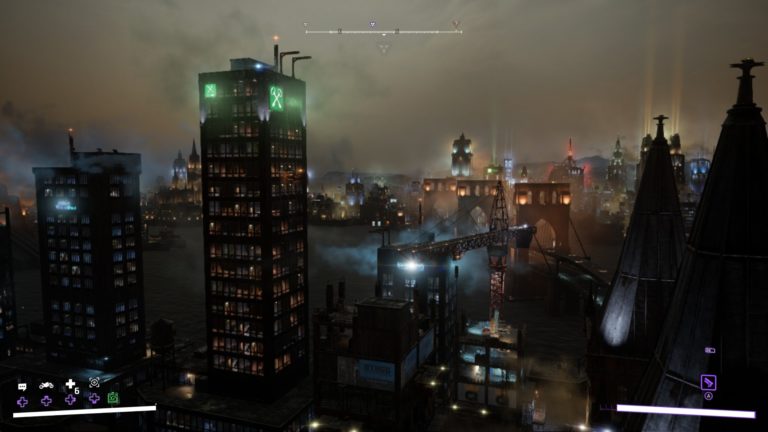 A screengrab from Gotham Knights showing a bunch of buildings in gotham lit up at night