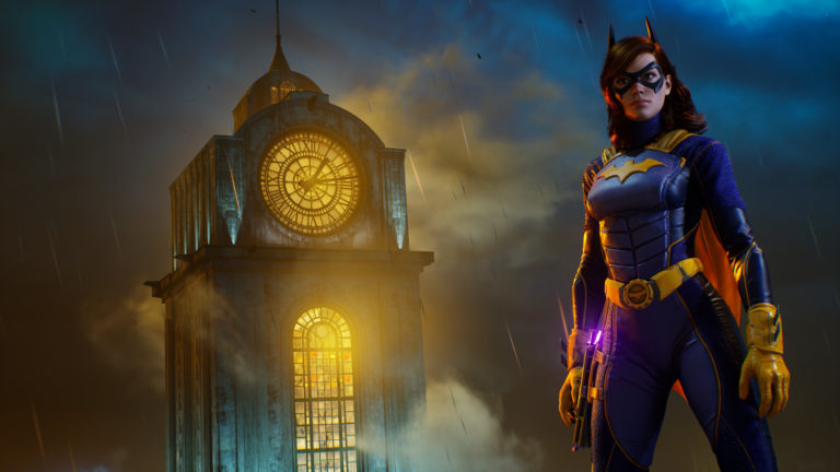 An image from Gotham Knights showing Batgirl standing in front of a tall clocktower