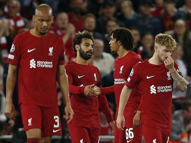 Liverpool's Mohamed Salah celebrates scoring their first goal with Trent Alexander-Arnold, Fabinho and Harvey Elliott  on September 13, 2022