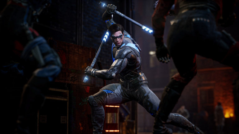 An image from Gotham Knights showing Nightwing preparing to fight with his batons