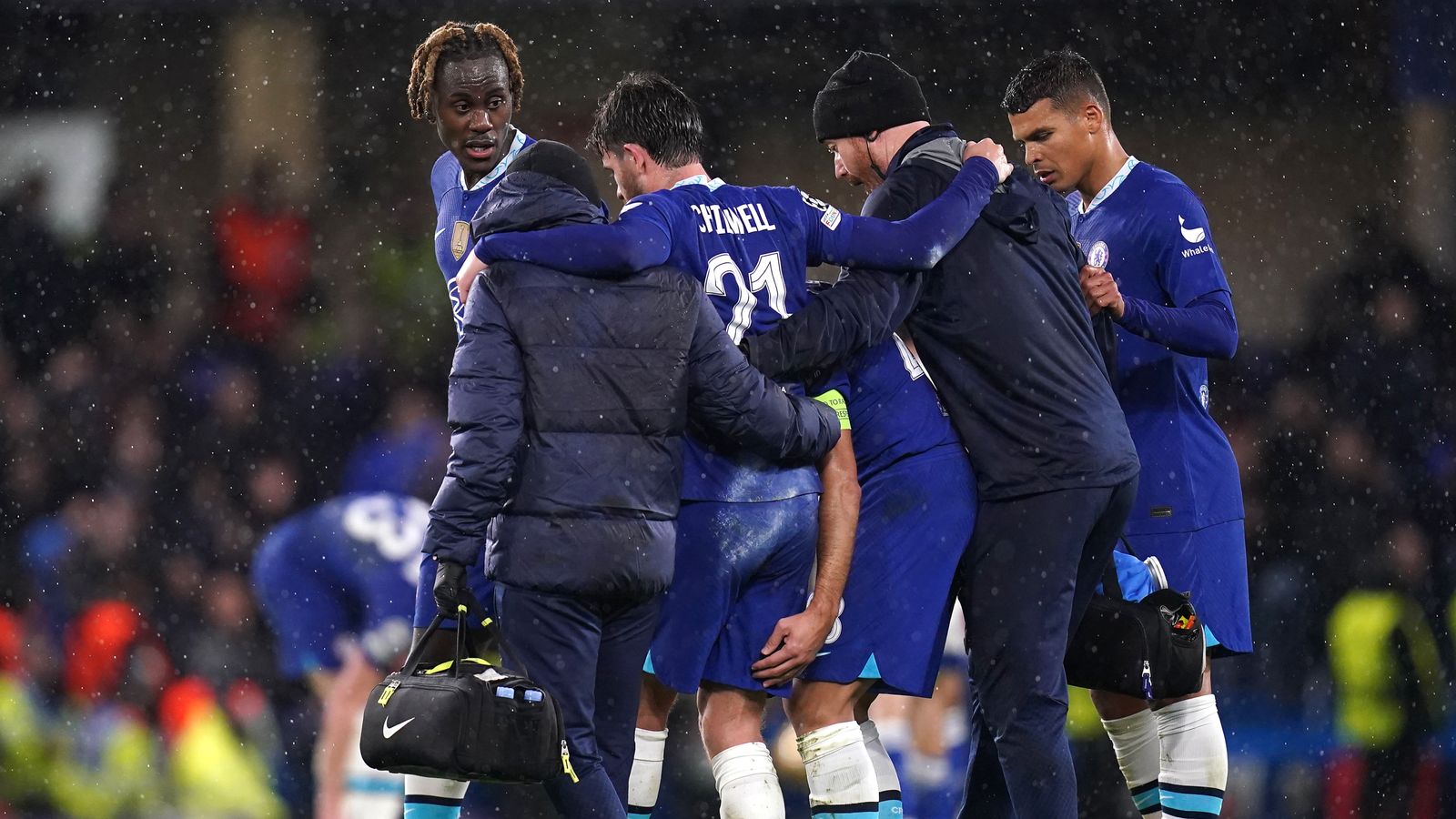 Chelsea defender Ben Chilwell is helped off the pitch after suffering a hamstring injury in Chelsea's Champions League win over Dinamo Zagreb.