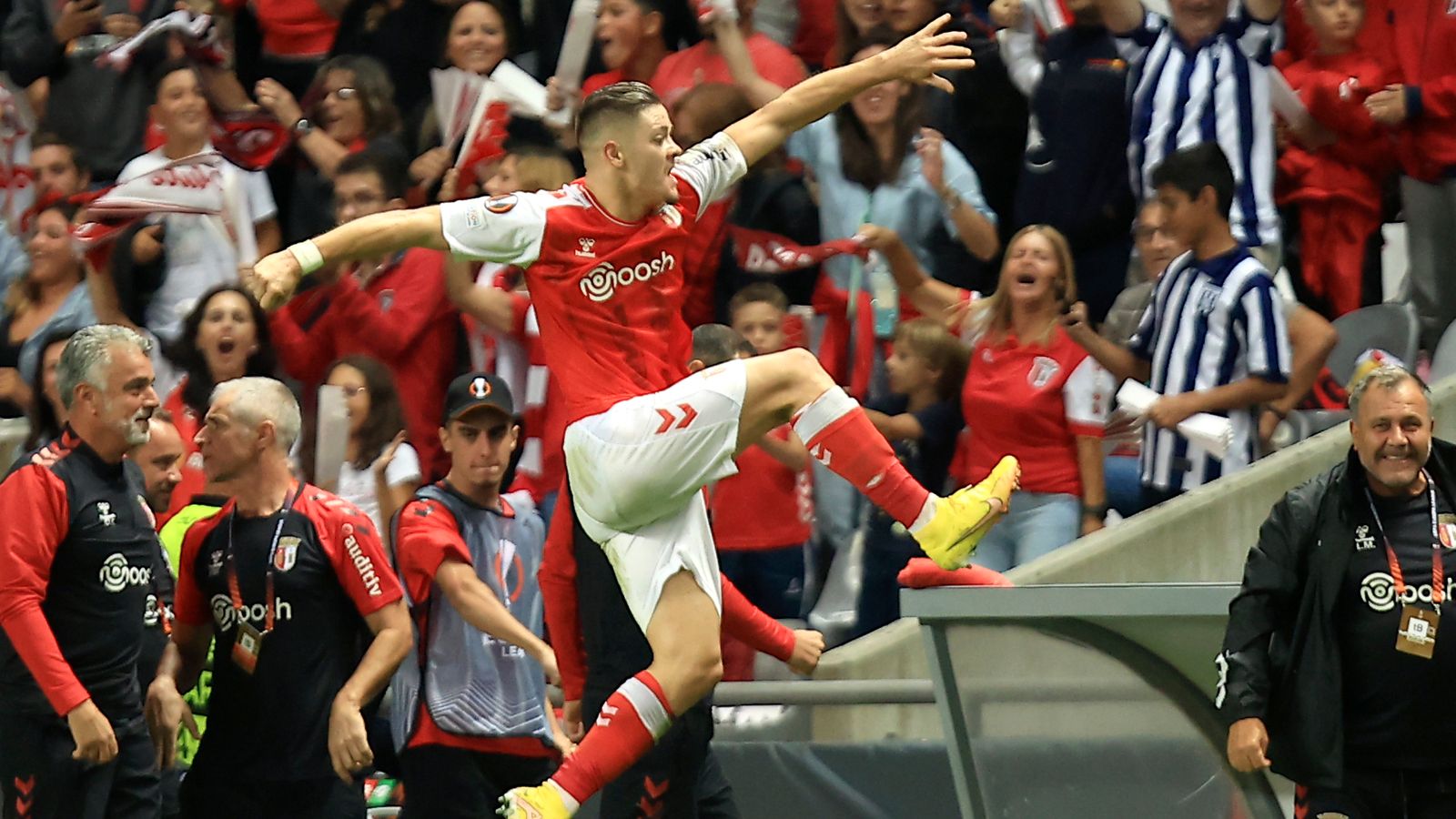 Braga striker Vitinha celebrates after scoring in the Europa League