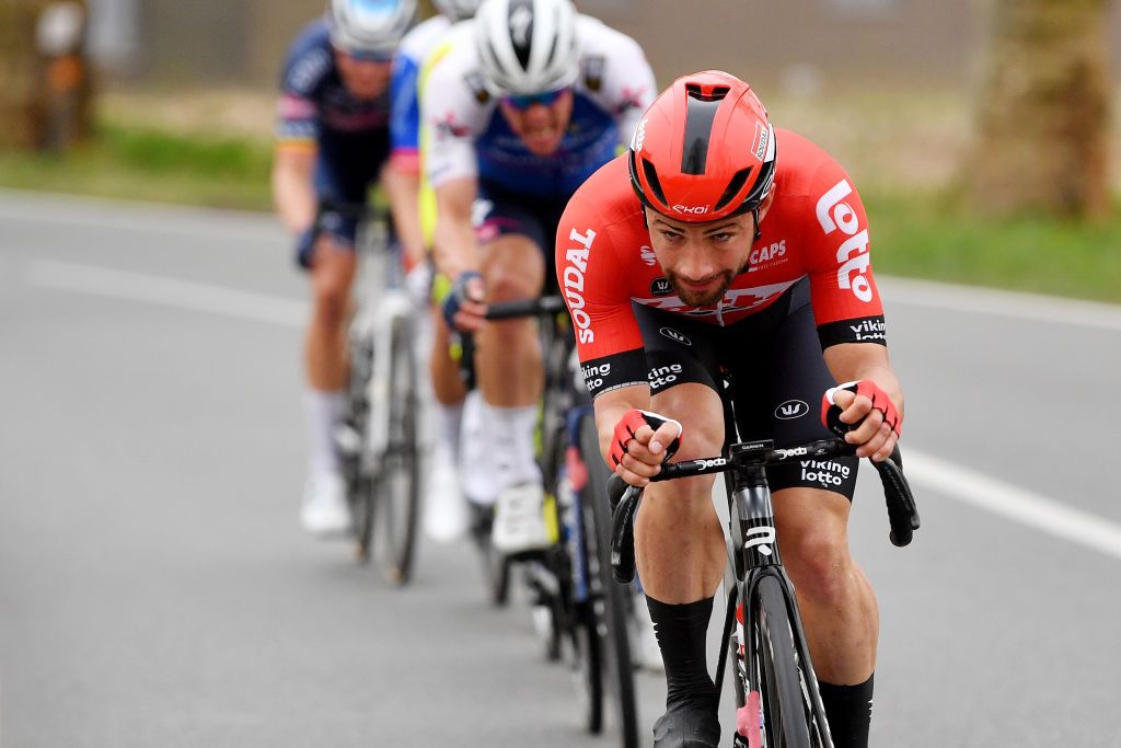 NOKERE BELGIUM MARCH 16 Victor Campenaerts of Belgium and Team Lotto Soudalcompetes during the 76th Danilith Nokere Koerse 2022 Mens Elite a 1898km one day race from Deinze to Nokere NokereKoerse DNK22 on March 16 2022 in Nokere Belgium Photo by Luc ClaessenGetty Images