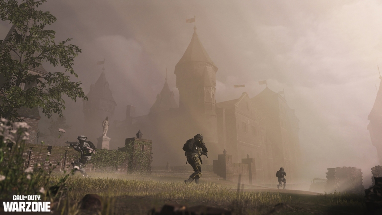 Enemy operators move towards a church surrounded in fog in DMZ.