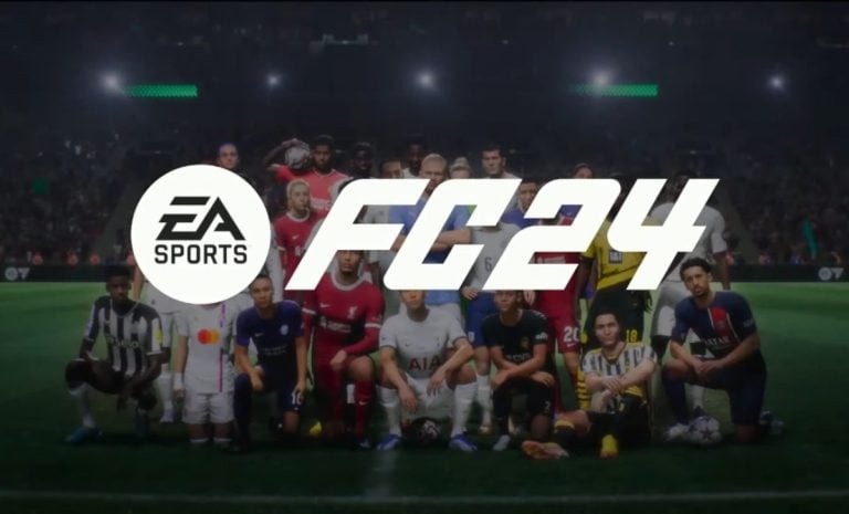 EA FC 24's logo in front of a group of professional footballers in EA FC 24.
