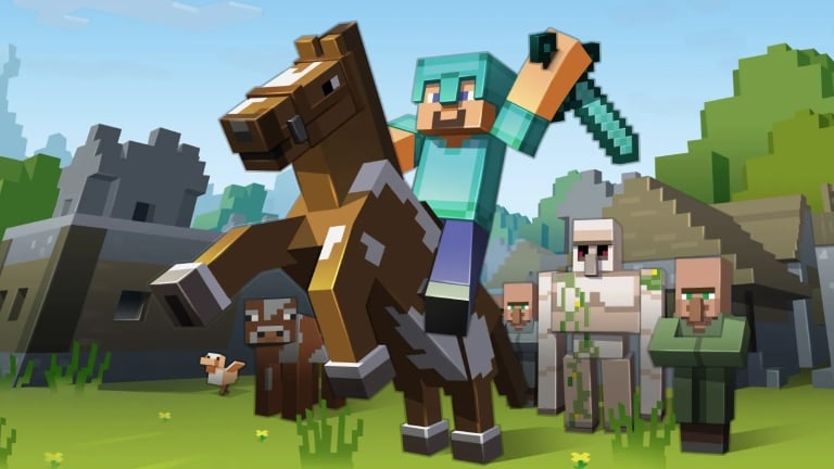 Steve from Minecraft mounted on a horse.