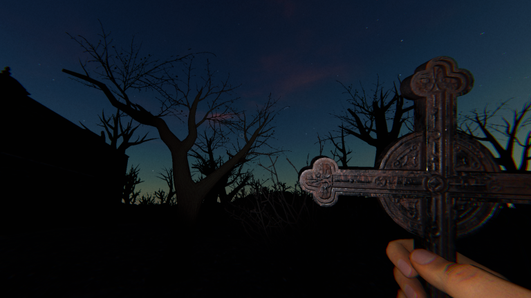 The player holding a Crucifix while walking outside.