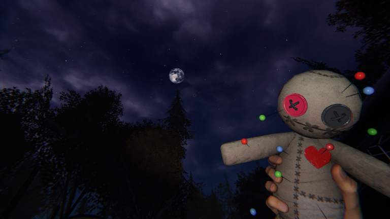 The player holding a Voodoo Doll in front of the night sky.