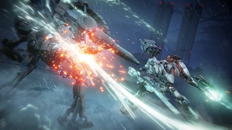 Mechs in Armored Core 6 fight in a promotional screenshot for the game.
