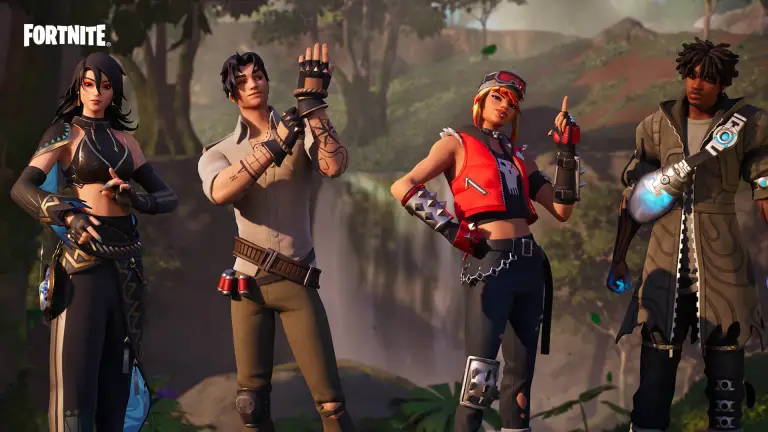 Four Fortnite characters posing in a forest.
