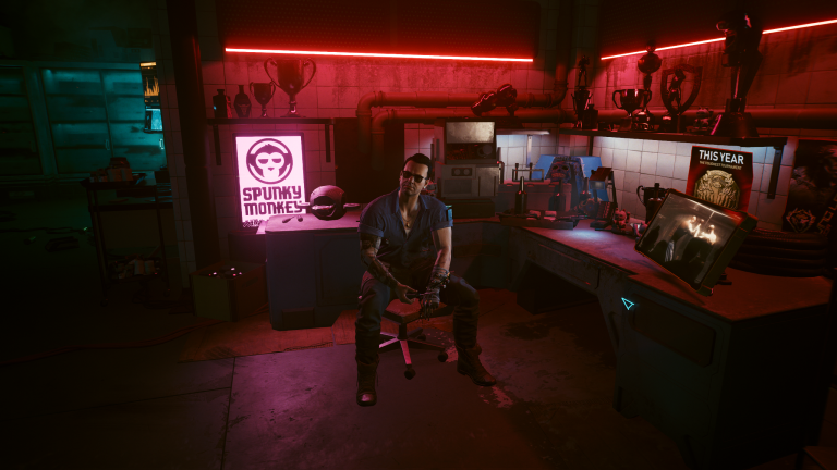 Viktor Vektor in his clinic in Cyberpunk 2077, surrounded by neon lights.