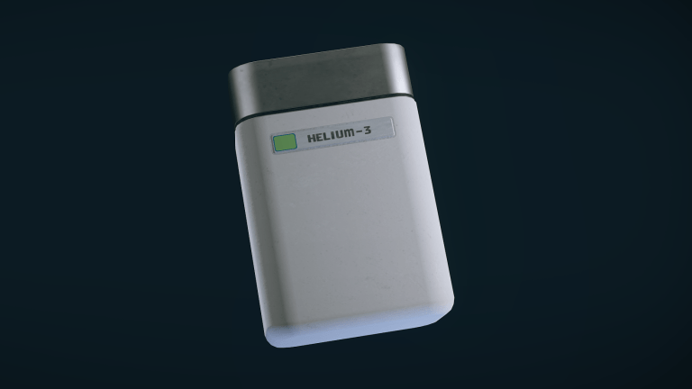 A screenshot from Starfield showing a white container with the "helium-3" label pasted on the front in blocky letters.