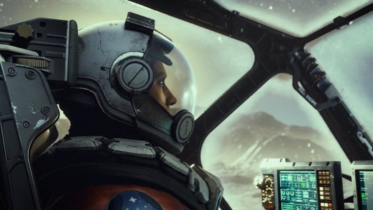 Image of a Starfield character piloting a space ship. The character is white and is wearing a space helmet.