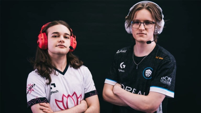 Team Bliss' Whynot and The Chiefs' Babip stand side by side with their arms folded, wearing the new Logitech series headsets
