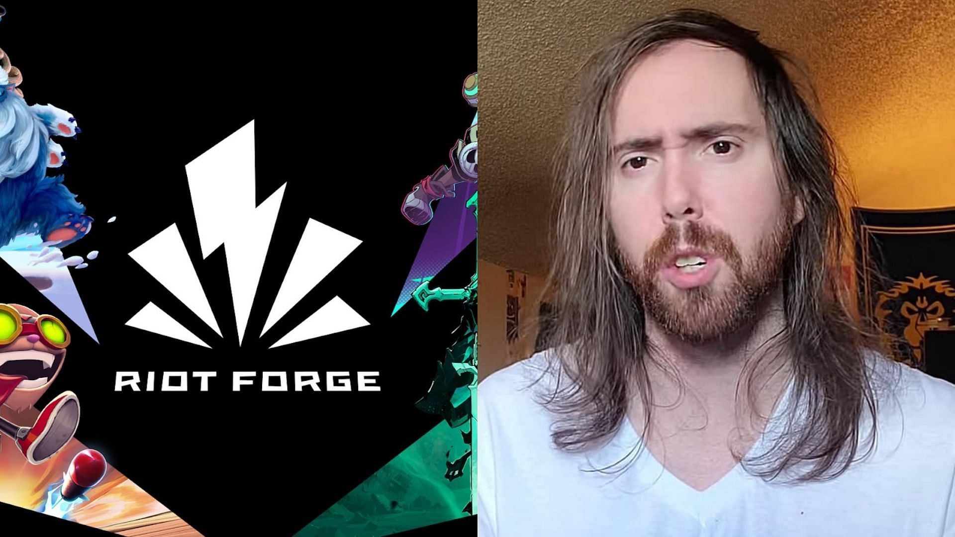 Asmongold talks about Riot shutting down Forge (Image via Riot Games, Asmongold/Twitch)