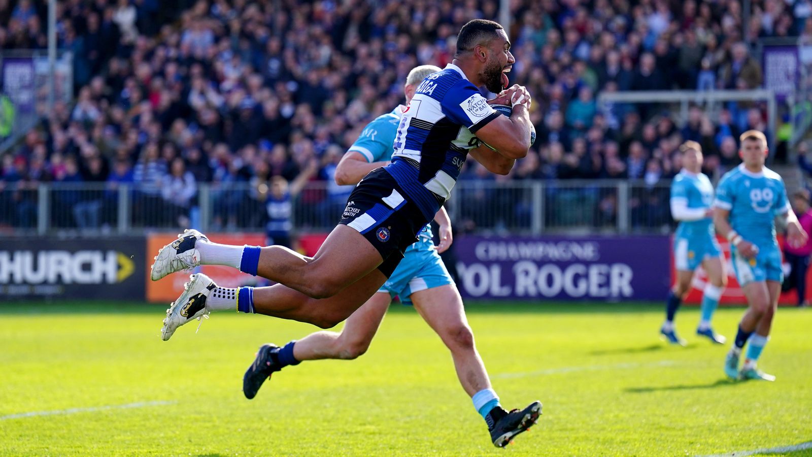 Bath's Joe Cokanasiga scores their side's second try of the game during the Gallagher Premiership match at The Recreation Ground, Bath. Picture date: Sunday March 24, 2024.