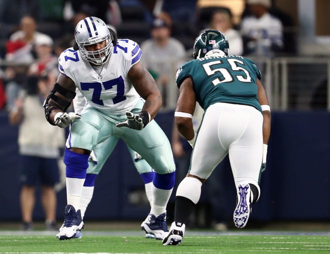 Dec 9, 2018; Arlington, TX, USA; Dallas Cowboys tackle Tyron Smith (77) in action against the Philadelphia Eagles at AT&T Stadium. Mandatory Credit: Matthew Emmons-USA TODAY Sports