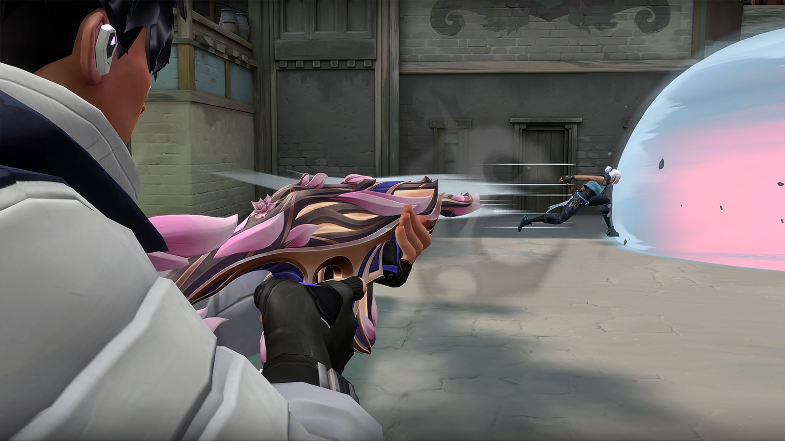 Mystbloom skins for the Phantom showing Iso shooting a mid-dash Jett on Haven's C site